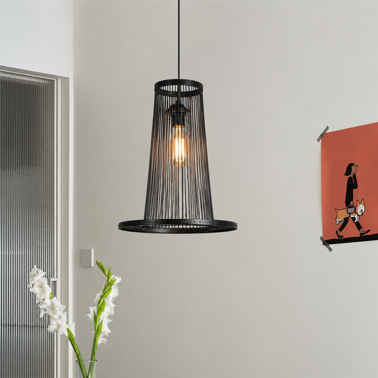 A black metal wire cone pendant light hangs from a black cord against a light gray wall, with a glowing bulb inside. Part of a ribbed glass door, white flowers, and a small orange wall art print are visible in the room setting.