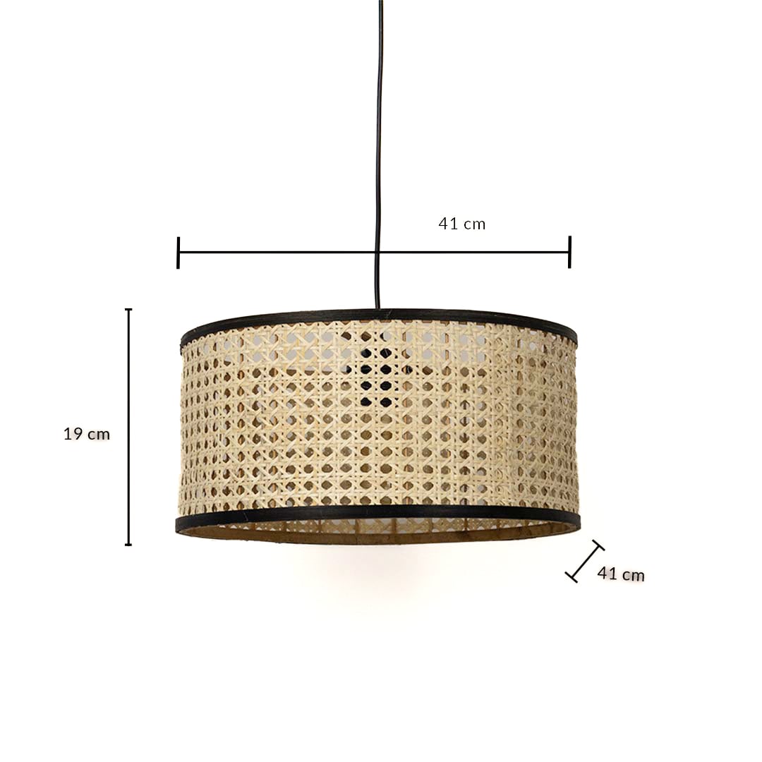 Dimension image of cane webbing drum pendant light fixture with black metal borders showing 19 cm height and 41 cm width.