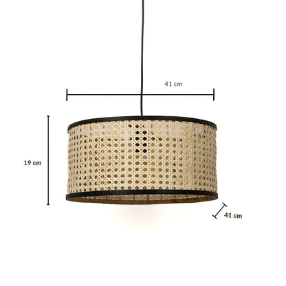 Dimension image of cane webbing drum pendant light fixture with black metal borders showing 19 cm height and 41 cm width.