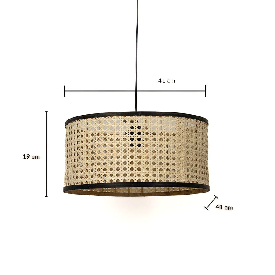 Dimension image of cane webbing drum pendant light fixture with black metal borders showing 19 cm height and 41 cm width.