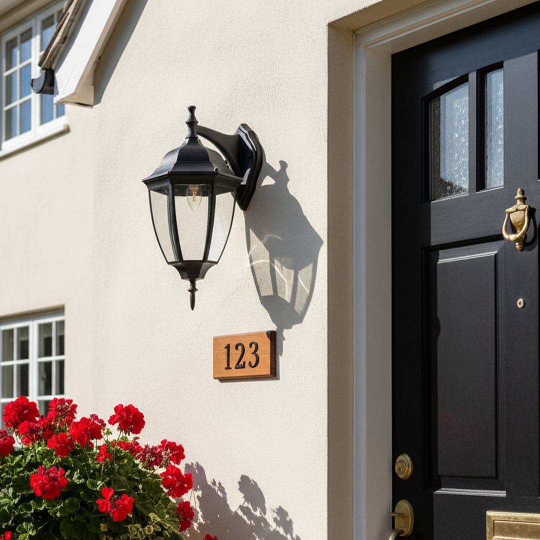 Outdoor wall light with classic black lantern design mounted beside front door enhancing house entrance with elegant daylight styling and traditional exterior appeal.