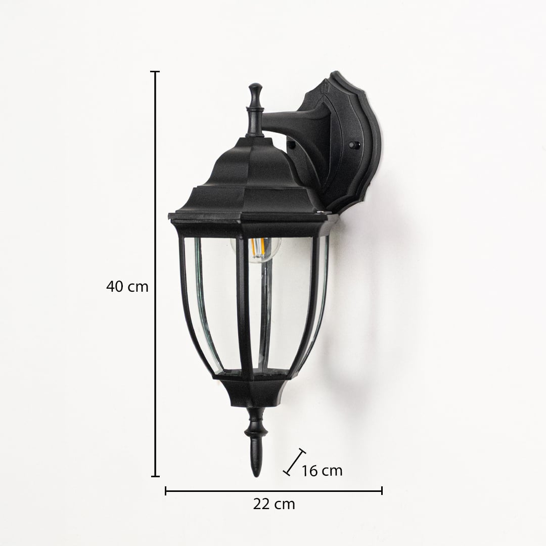 Black outdoor wall lantern 40cm height 15.5cm width downward facing dimension image showing vintage coach style exterior light.