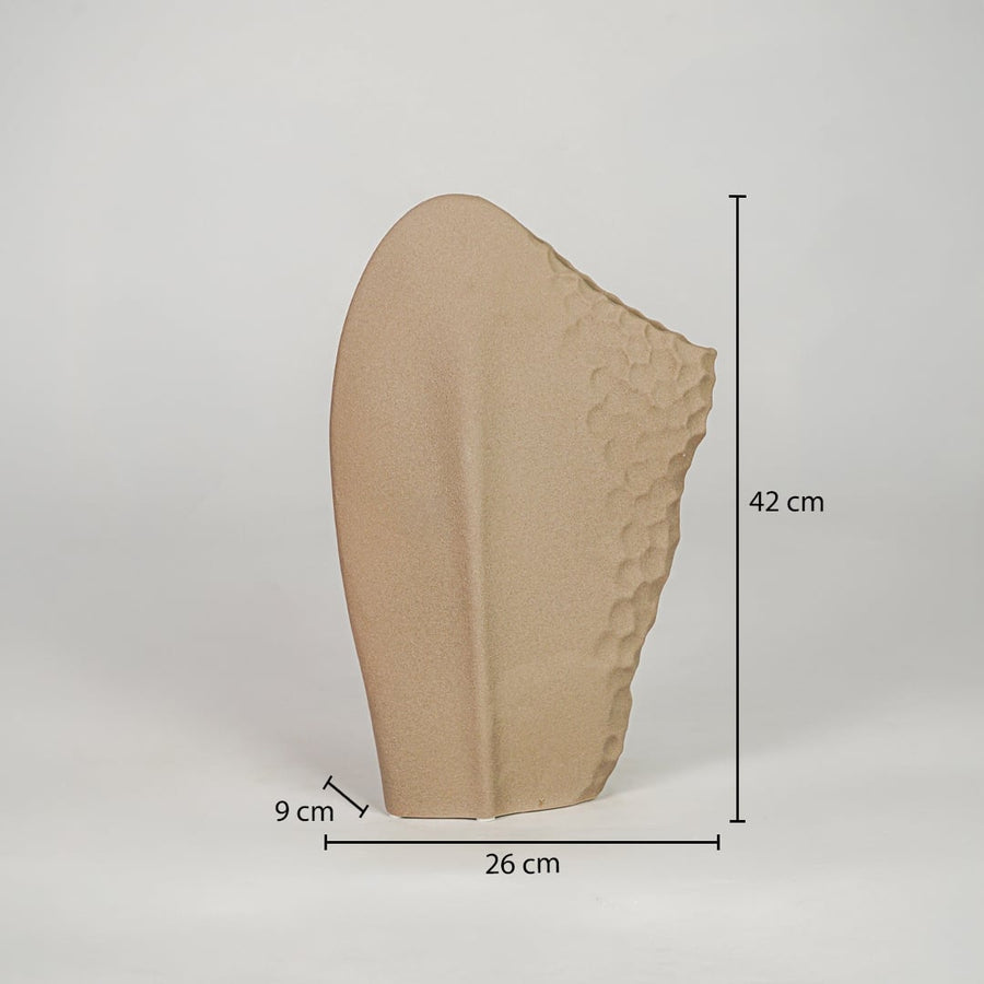 Beige ceramic decorative flower vase size 42 cm height 26 cm length 9 cm width textured finish modern home decor vase dimension image.