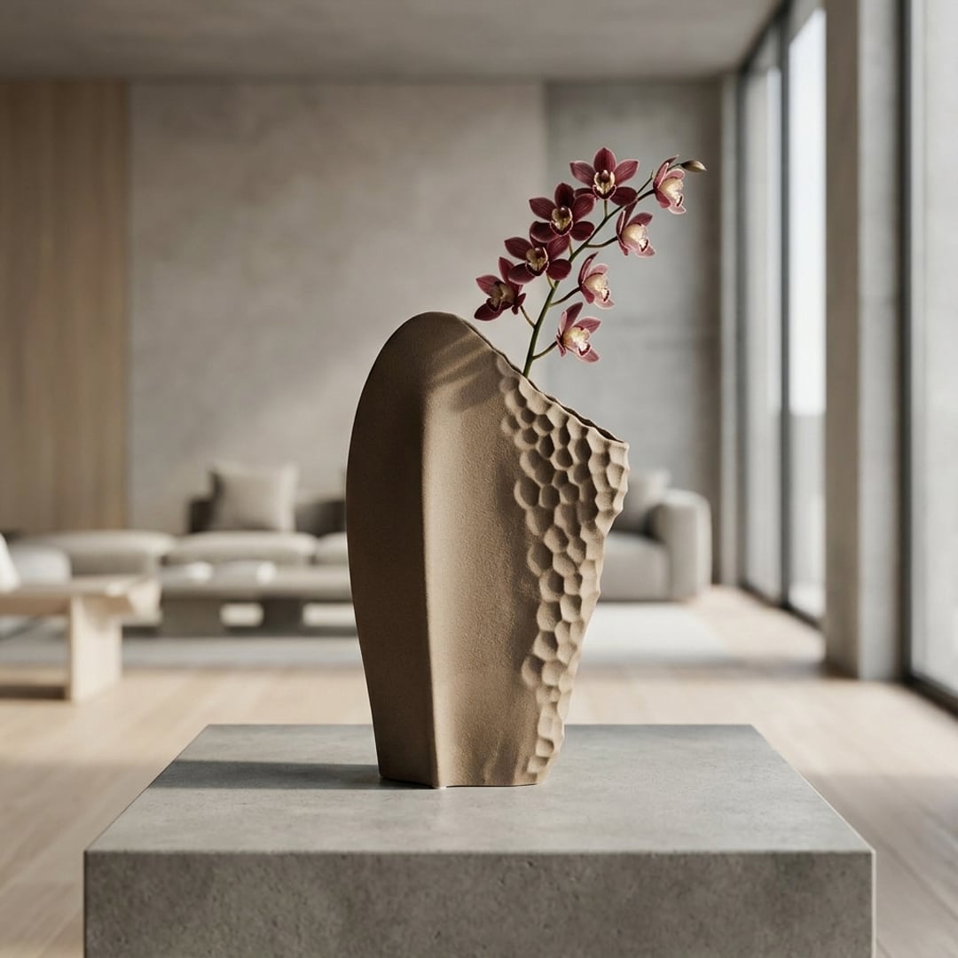 Lifestyle beige ceramic modern art flower vase placed on stone table in luxury living room aesthetic home decor styling idea.