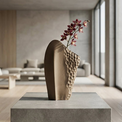Lifestyle beige ceramic modern art flower vase placed on stone table in luxury living room aesthetic home decor styling idea.