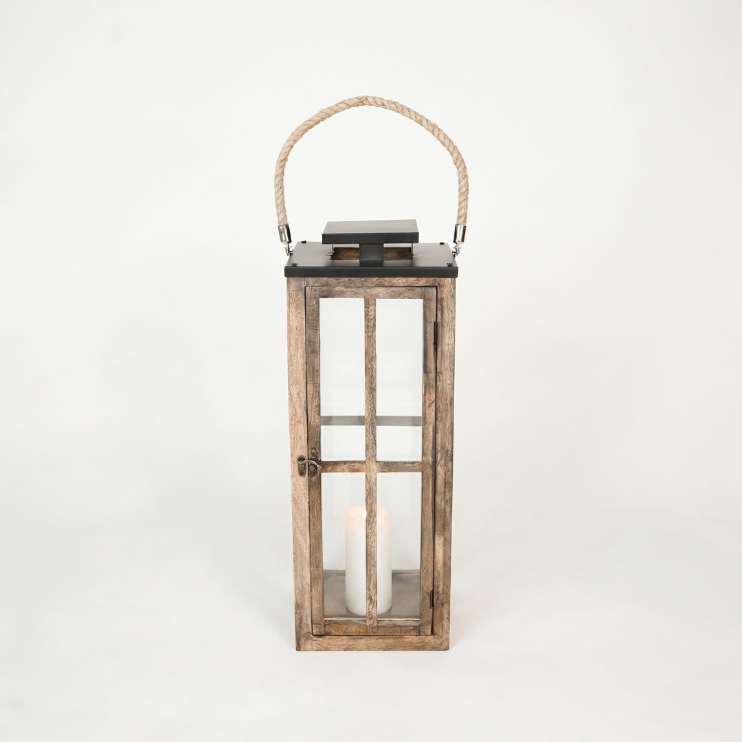 Wooden lantern with a candle inside on a white background