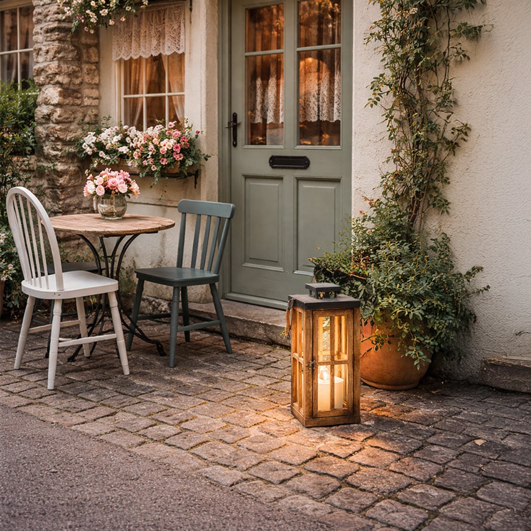 Rustic wooden lantern with glowing candle styled beside patio seating for cozy outdoor decor ambiance.