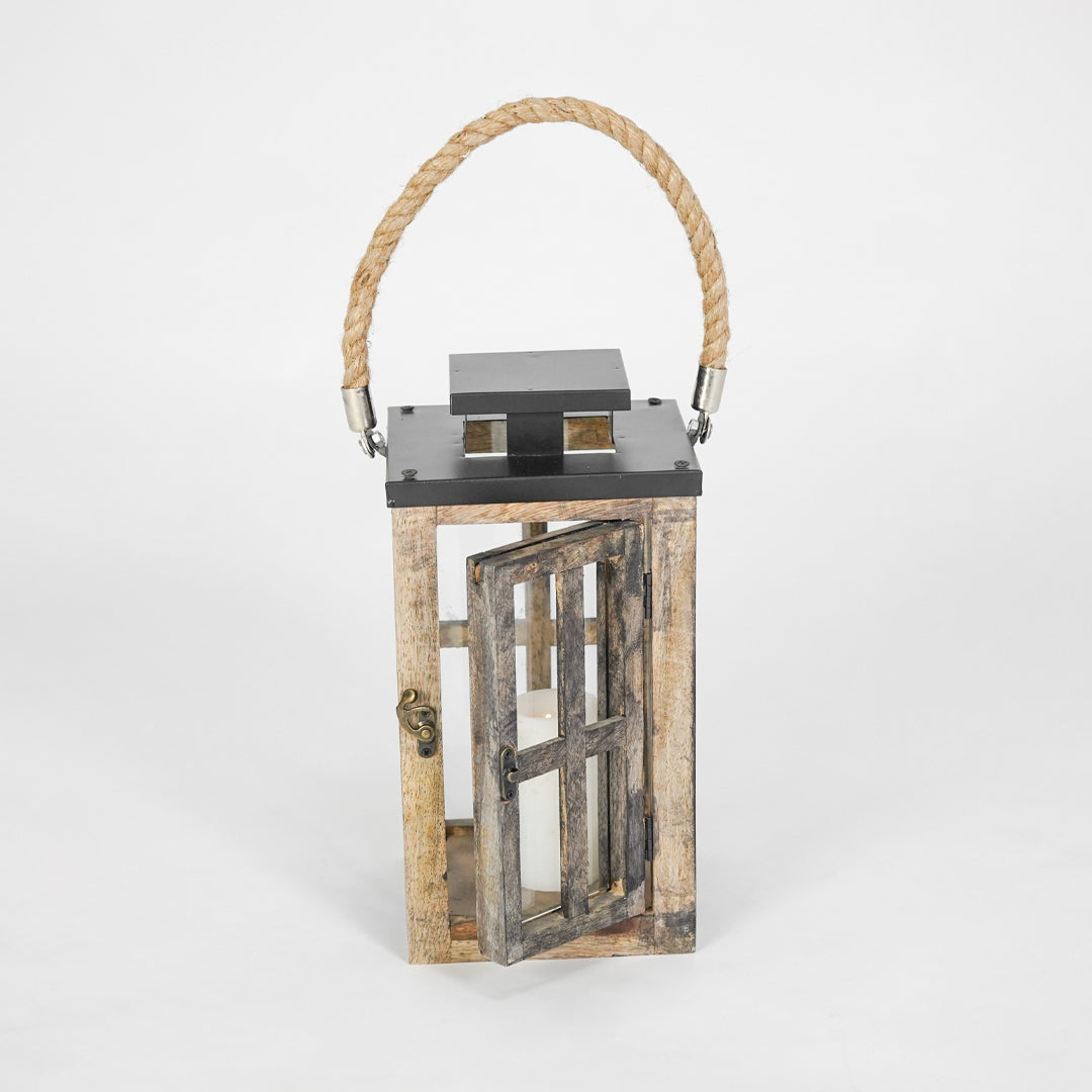 Decorative lantern with wooden design and metal accents on a white background