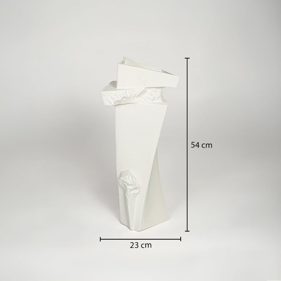 White ceramic floor vase 54 cm height 23 cm width ideal for living room corner decor placement.