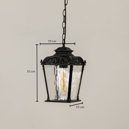 Black hanging lantern shown with dimensions clearly marked at 31 cm height 19 cm width and 11 cm depth for accurate outdoor lighting planning and placement.
