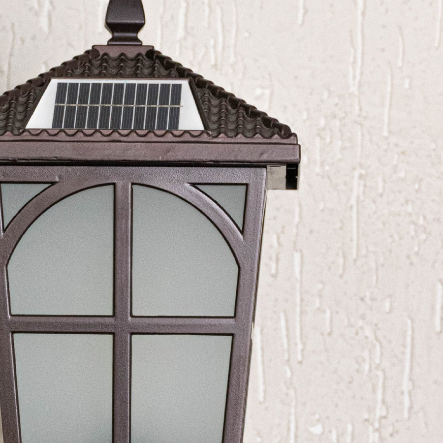 Detailed view highlighting textured roof pattern and matte finish of premium solar pillar light design.