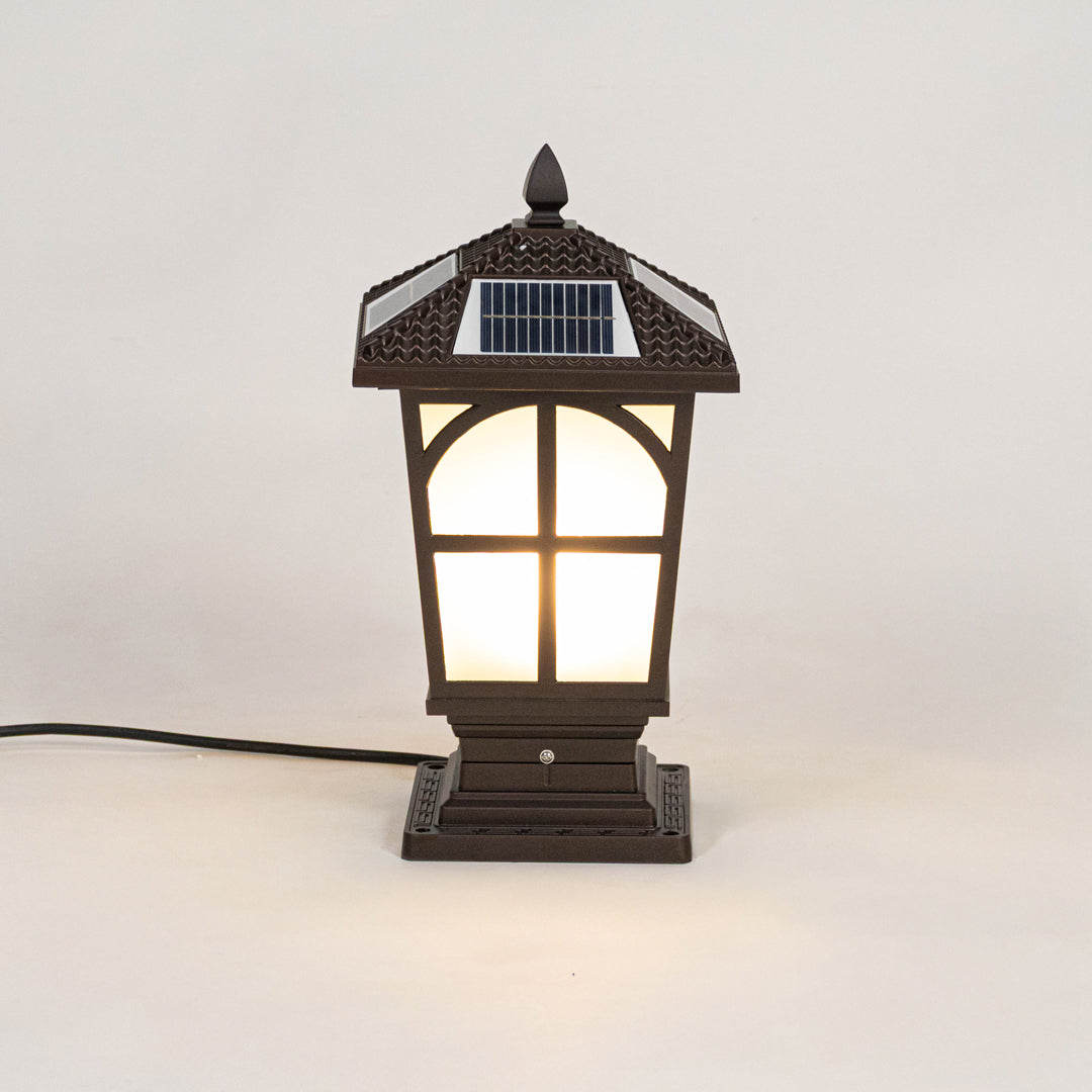 Black solar outdoor gate light with arched frosted panels for stylish exterior decor use.