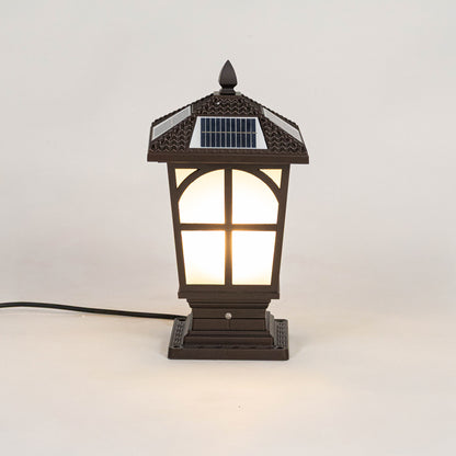 Black solar outdoor gate light with arched frosted panels for stylish exterior decor use.