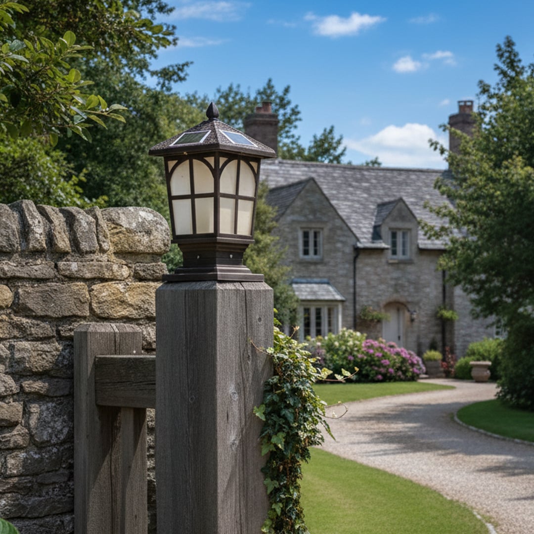 Classic solar pillar light with brown frame and frosted glass illuminating garden pathway for outdoor decor.