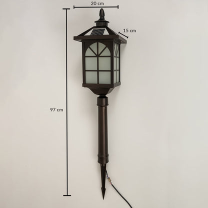 A bronze solar stake lantern on a white background with dimensions showing 97 cm height 20 cm width and 15 cm depth providing a clear reference for outdoor installation.