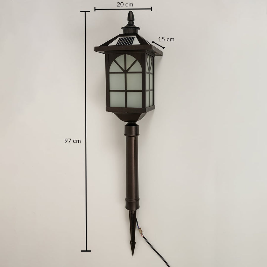 A bronze solar stake lantern on a white background with dimensions showing 97 cm height 20 cm width and 15 cm depth providing a clear reference for outdoor installation.