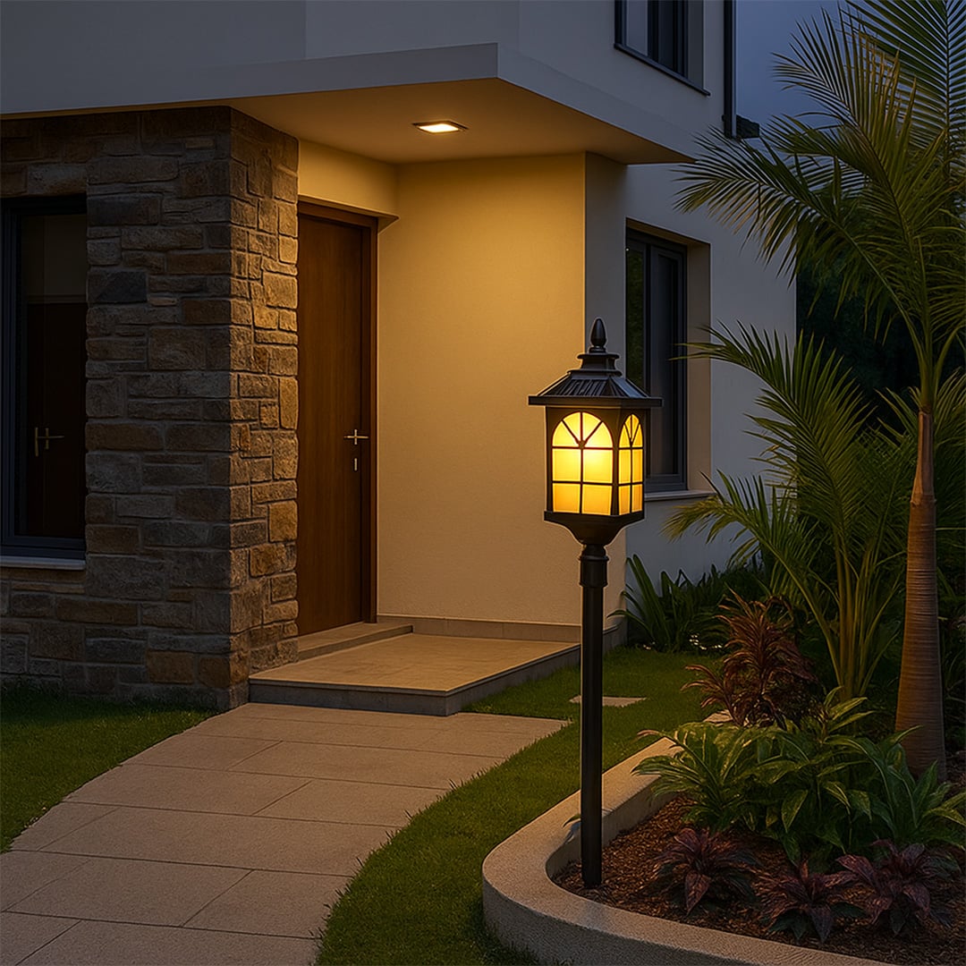 A warm outdoor pathway lamp glowing softly beside a modern house creating an inviting entrance with illuminated garden details enhancing evening ambience.