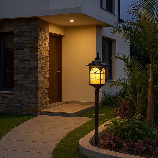 A warm outdoor pathway lamp glowing softly beside a modern house creating an inviting entrance with illuminated garden details enhancing evening ambience.