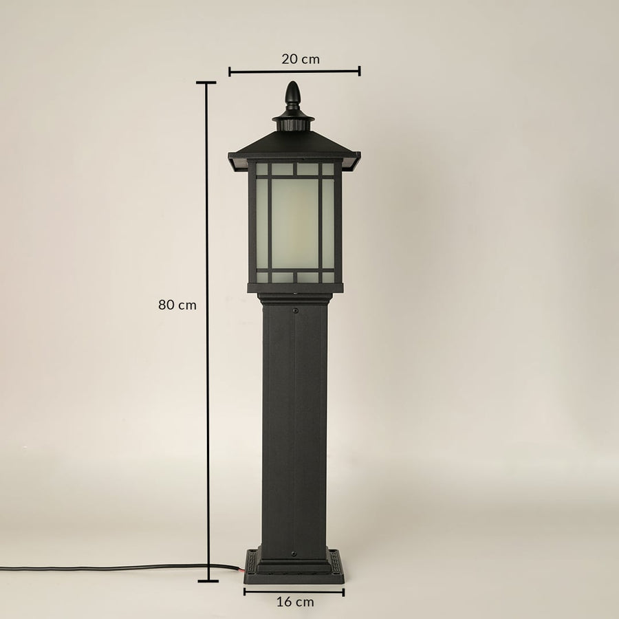 A black outdoor pillar lamp on a white background showing all dimensions clearly with a height of 80 cm a top width of 20 cm and a base width of 16 cm for accurate fitting.