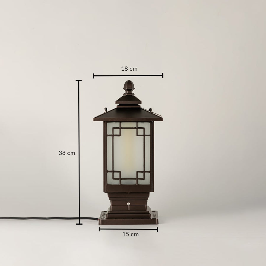 Black traditional post lantern Dimensions Image 34 cm height 17 cm top width 15 cm base width perfect for outdoor pillar mounting.