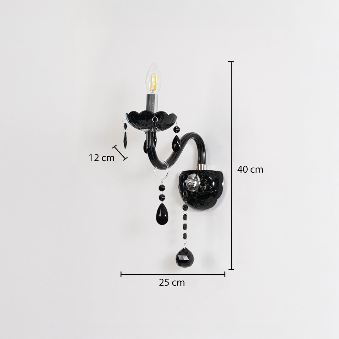 Black wall light with crystal drops size 40cm height 25cm width 12cm depth shown with measurements on background.