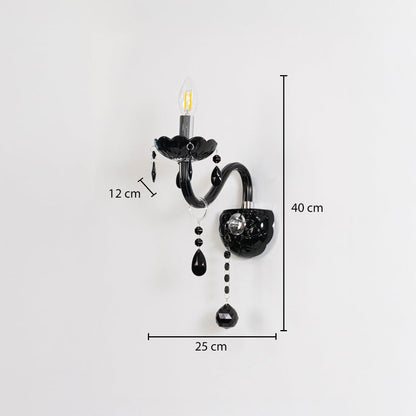 Black wall light with crystal drops size 40cm height 25cm width 12cm depth shown with measurements on background.