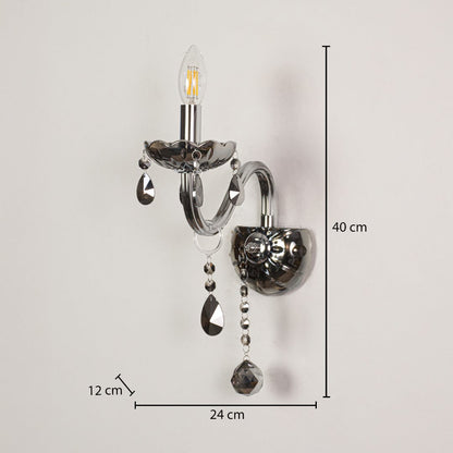 Wall light with chrome metal frame and dark crystal droplets shown with 40 cm height and 24 cm width and 12 cm depth for accurate placement.