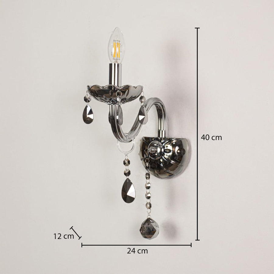 Wall light with chrome metal frame and dark crystal droplets shown with 40 cm height and 24 cm width and 12 cm depth for accurate placement.