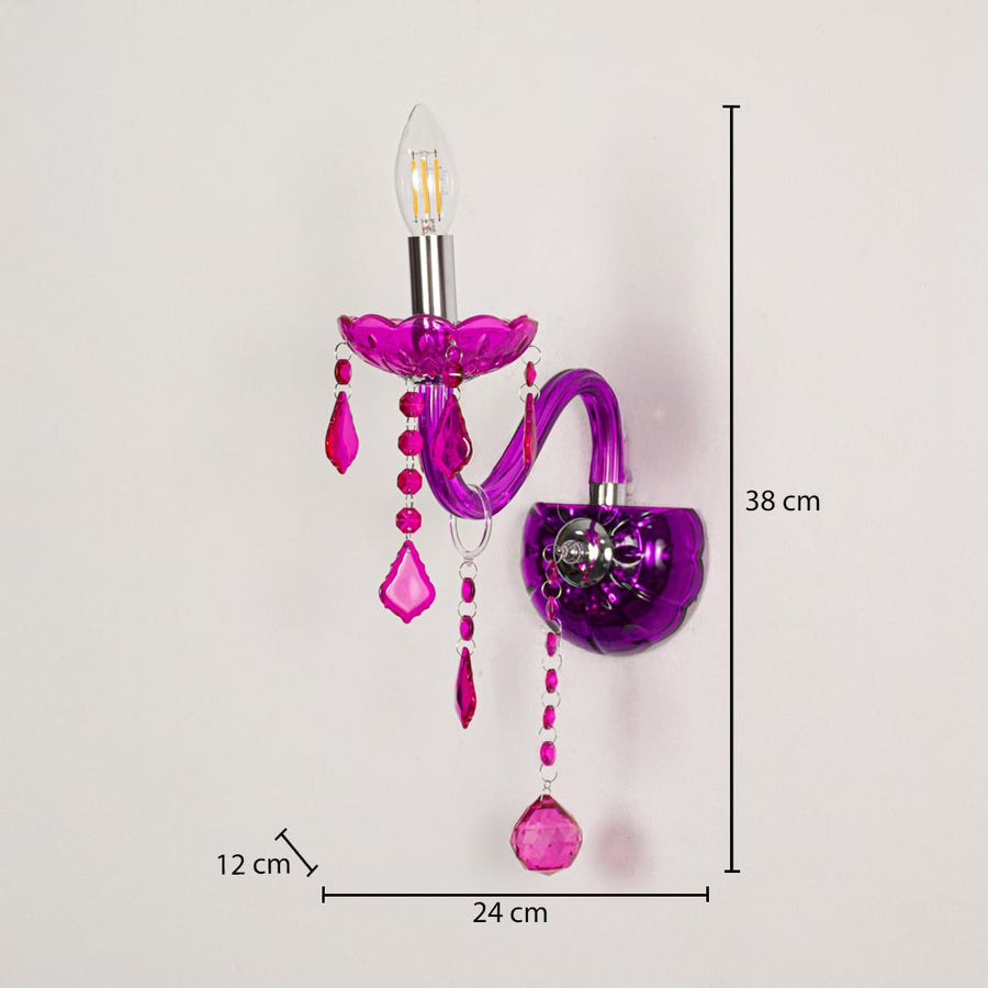 Wall light with pink acrylic frame and crystal droplets shown with 38 cm height and 24 cm width and 12 cm depth for accurate placement.