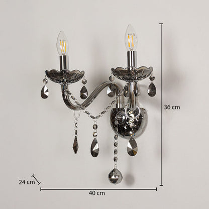 Wall light with chrome metal frame and dark crystal droplets shown with 36 cm height and 40 cm width and 24 cm depth for accurate placement.