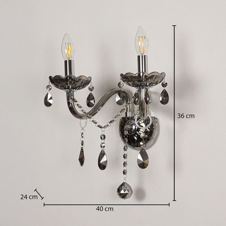 Wall light with chrome metal frame and dark crystal droplets shown with 36 cm height and 40 cm width and 24 cm depth for accurate placement.