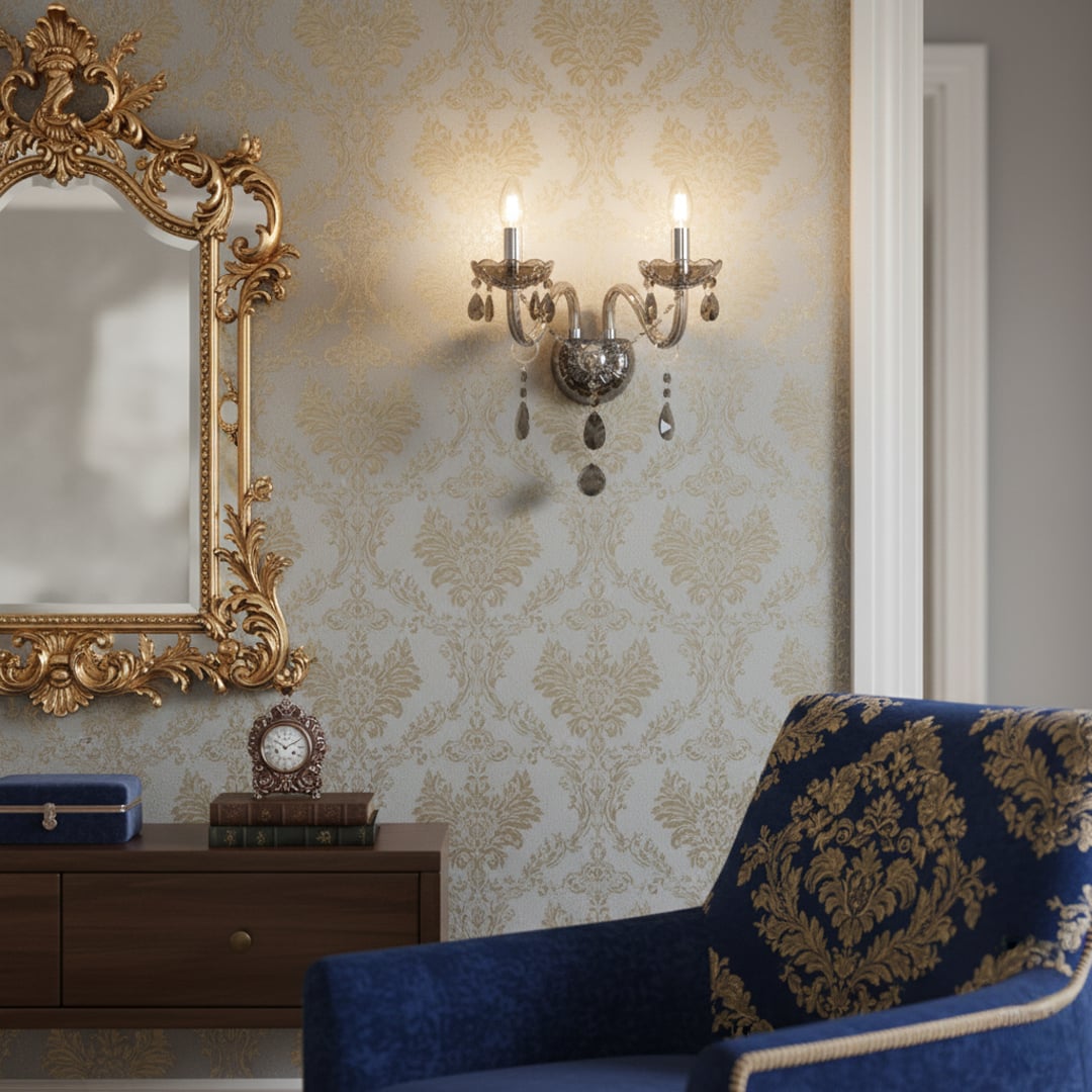 Wall light with chrome metal frame and dark crystal droplets styled on a soft wall background for modern elegant home lighting.