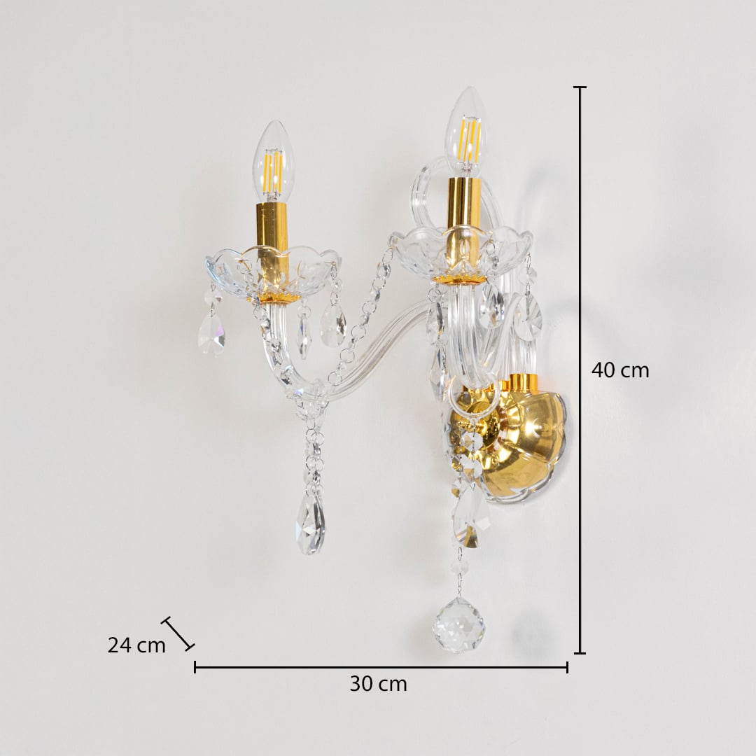 Crystal wall light with golden base size 40cm height 30cm width 24cm depth displayed with measurements.