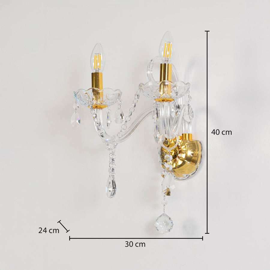 Crystal wall light with golden base size 40cm height 30cm width 24cm depth displayed with measurements.