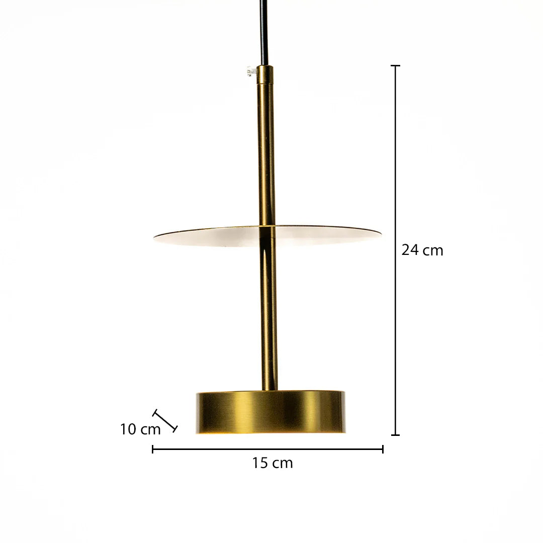 Dimension image of brushed gold metal pendant light with disc shade showing 24 cm height and 15 cm width.
