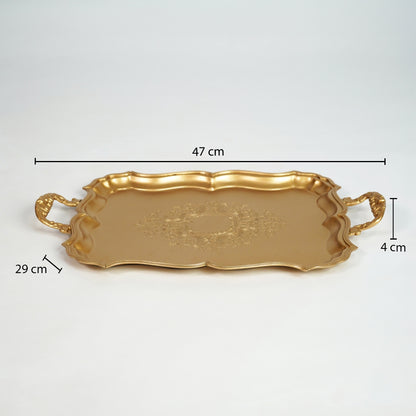 Gold serving tray measuring 47 cm length 28.5 cm width and 4 cm height displayed on white background.