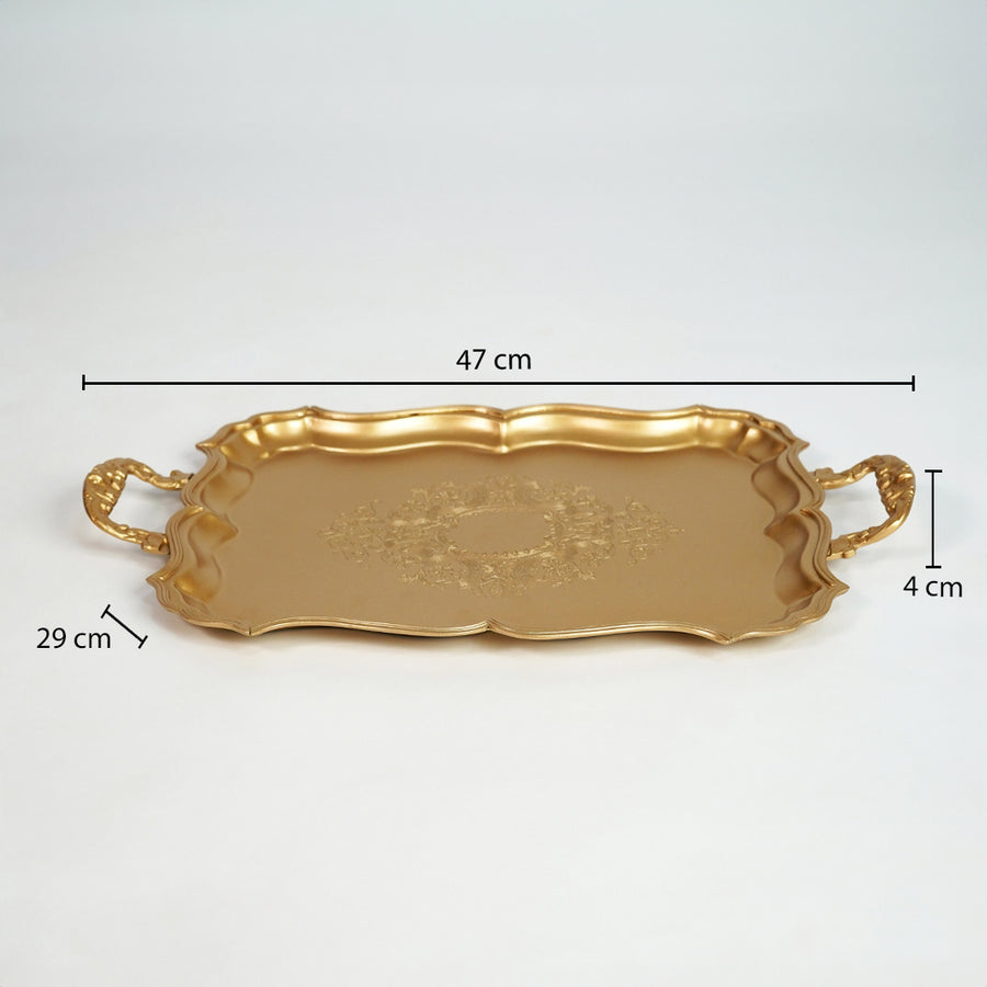 Gold serving tray measuring 47 cm length 28.5 cm width and 4 cm height displayed on white background.
