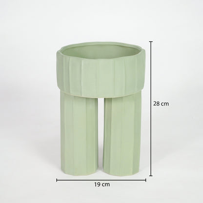 Light green ceramic planter vase dimension image with 28 cm height and 19 cm width for shelf decor.