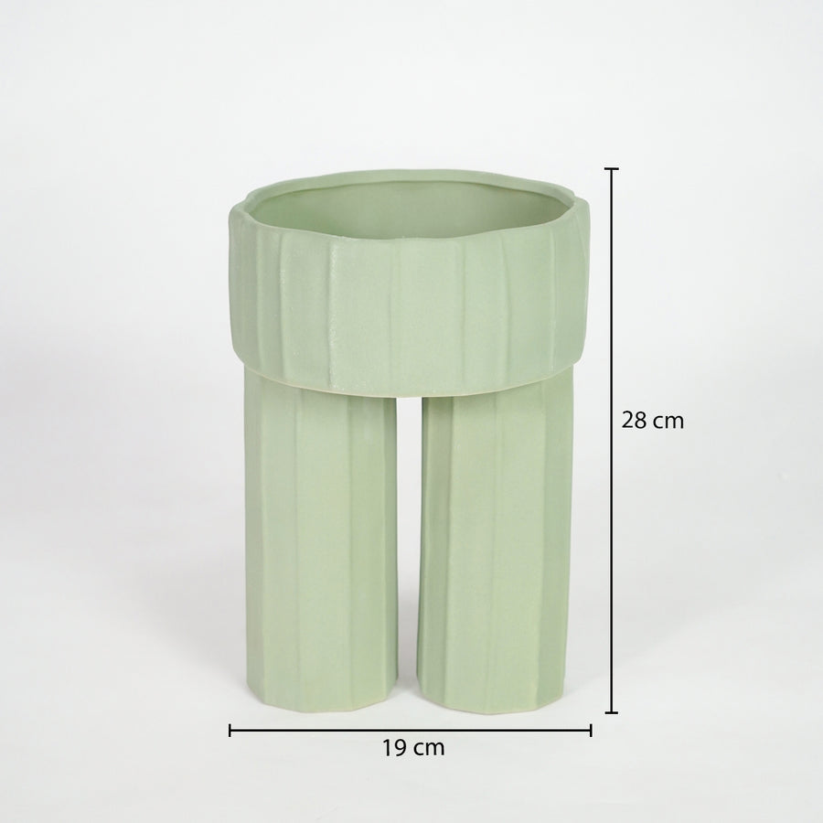 Light green ceramic planter vase dimension image with 28 cm height and 19 cm width for shelf decor.