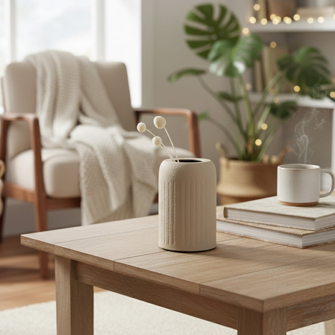 Beige textured ceramic vase styled in a warm neutral setting for modern home decor and elegant tabletop display.