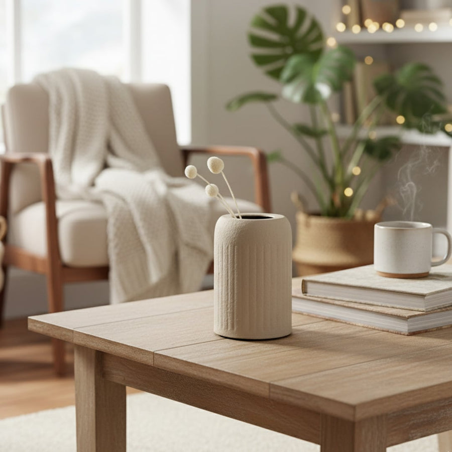Beige textured ceramic vase styled in a warm neutral setting for modern home decor and elegant tabletop display.