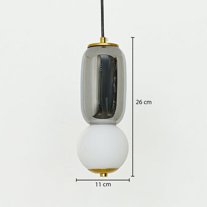 Smoky glass and brass pendant light dimension image with 11 cm width and 26 cm height for modern bedside placement.