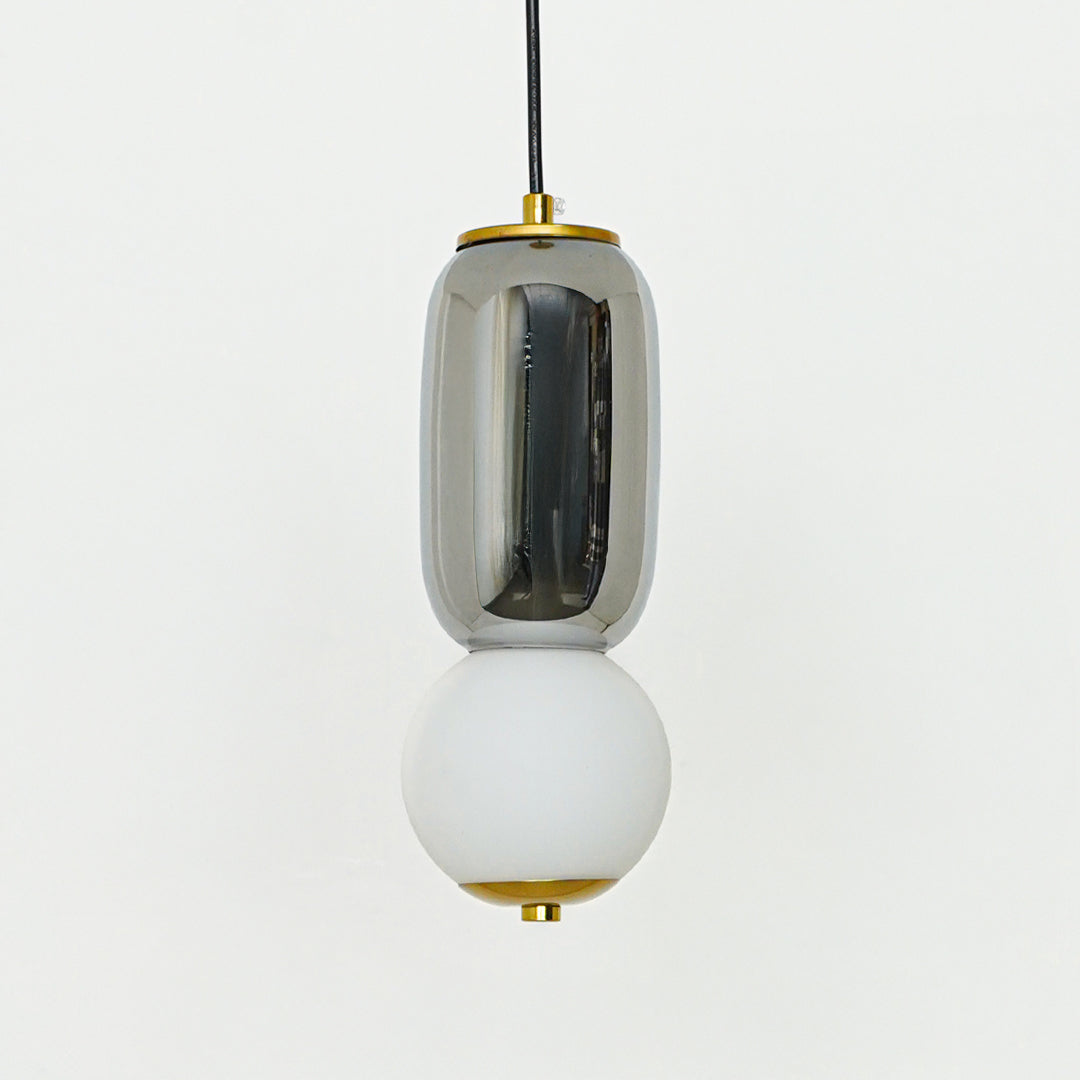 Chrome metal and white glass pendant light designed for elegant bedroom and modern home decor spaces.