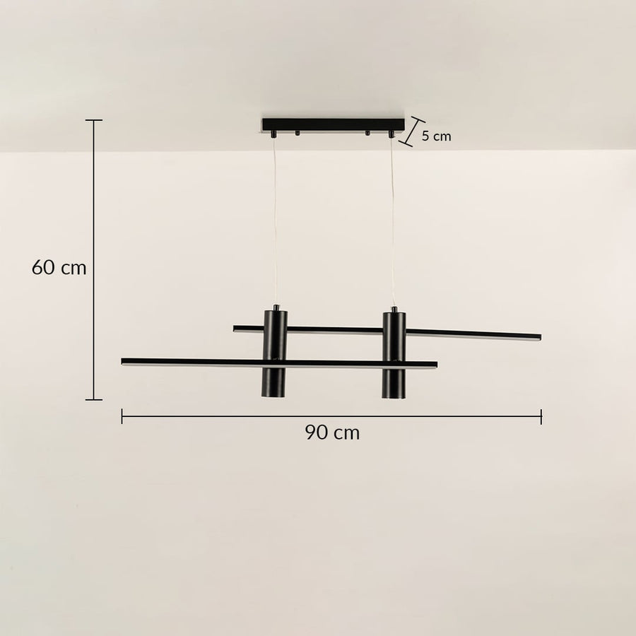 Black linear LED chandelier shown with dimensions of 90 cm width 60 cm height and 25 cm canopy perfect for modern home interiors offering sleek geometric ceiling lighting.