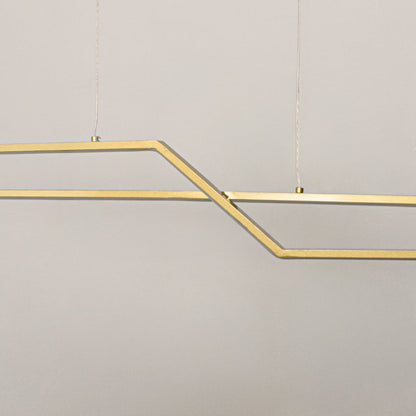 Geometric gold metal chandelier closeup highlighting angular linear design and suspended structure for contemporary ceiling lighting style.