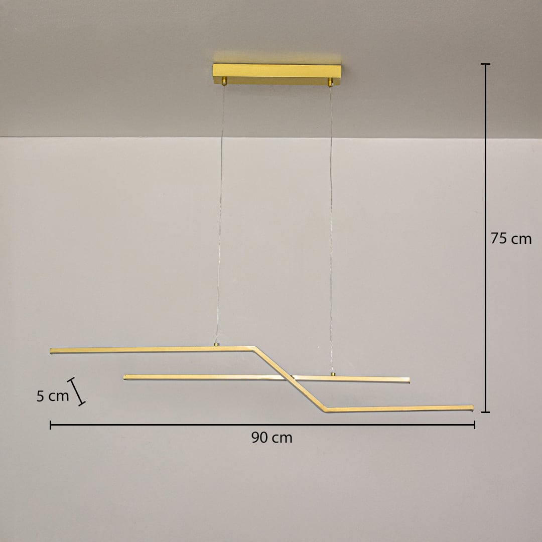 Gold metal linear pendant light measuring 90 cm length 75 cm drop and 5 cm profile designed for ceiling hanging.