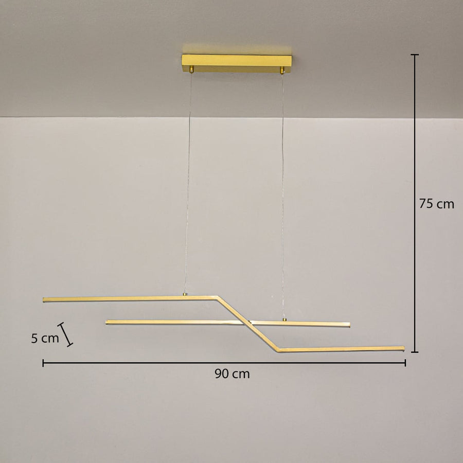 Gold metal linear pendant light measuring 90 cm length 75 cm drop and 5 cm profile designed for ceiling hanging.