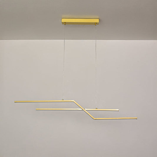 Gold metal linear pendant light switched off on white background highlighting minimalist form for modern ceiling decor.