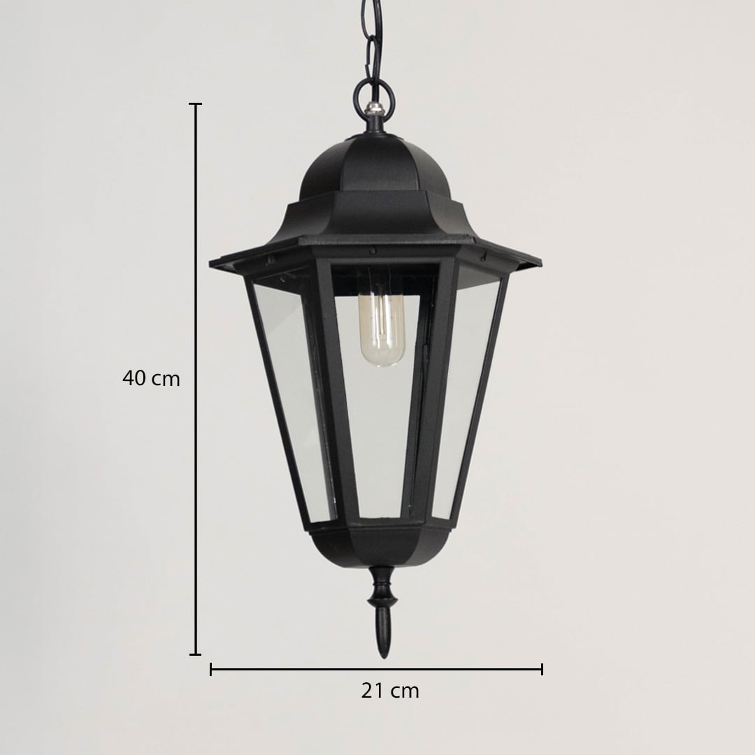 Black lantern light dimension image showing height 40 cm and width 21 cm with suspended chain detail.