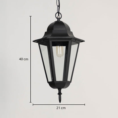 Black lantern light dimension image showing height 40 cm and width 21 cm with suspended chain detail.